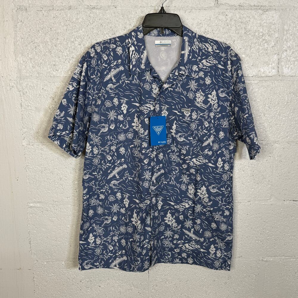 Columbia Mens Trollers Tropical Print Short Sleeve Shirt, blue Small  $50